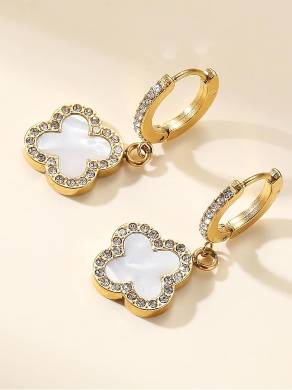 18k Gold Plated Clover Four Leaf Earrings with White Pearl